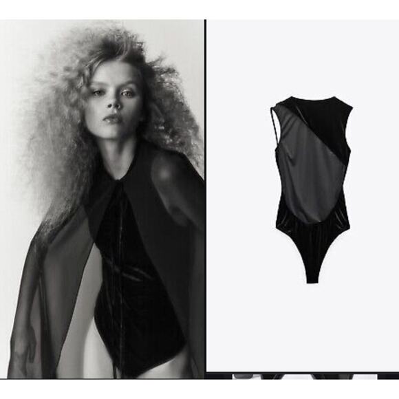 🔴ZARA‎ ASYMMETRICAL VELVET BODYSUIT BLACK size XXL - Picture 1 of 9